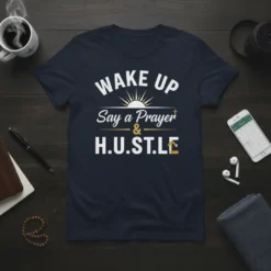 Christian t-shirt with text "WAKE UP Say a Prayer & H.U.ST.LE" and a sun graphic