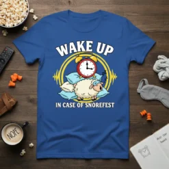 Wake Up In Case Of Snorefest sheep t-shirt with alarm clock and pillows. Funny sleep humor design