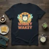 Wakey Wakey T-Shirt with a retro alarm clock graphic and bright sunburst, perfect for morning people and coffee lovers