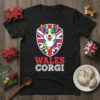 Wales Corgi T-Shirt with a colorful Corgi design on a Union Jack background