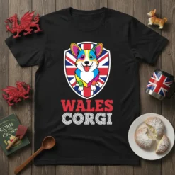Wales Corgi T-Shirt with a colorful Corgi design on a Union Jack background