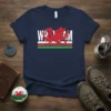 Navy t-shirt with a red Welsh dragon and "WALES DRAGON CYMRU" text, set against the Welsh flag colors