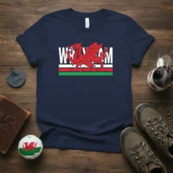 Navy t-shirt with a red Welsh dragon and "WALES DRAGON CYMRU" text, set against the Welsh flag colors