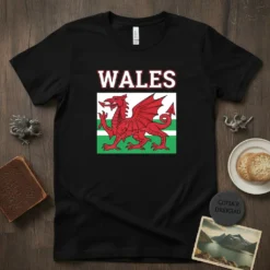Black t-shirt with the text "WALES" above a red Welsh dragon on a white and green flag background