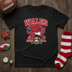 Black t-shirt with "WALES RUGBY TEAM" text and a red Welsh dragon graphic in running pose with flames