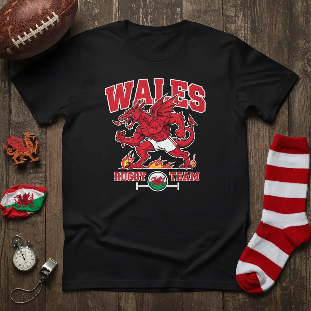 Wales Rugby Team Dragon T-Shirt Welsh Sports Fan Gift
