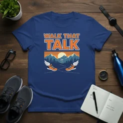Walk That Talk t-shirt design with winged running shoes and mountain landscape graphic