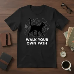 Black t-shirt with white text "WALK YOUR OWN PATH" and a black cat graphic surrounded by abstract lines and shapes