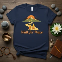 Walk for Peace t-shirt design with two figures walking on a mountain path towards a sunrise