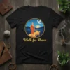 Walk for Peace t-shirt design with a monk and dog walking on a path towards a sunrise, with a dove