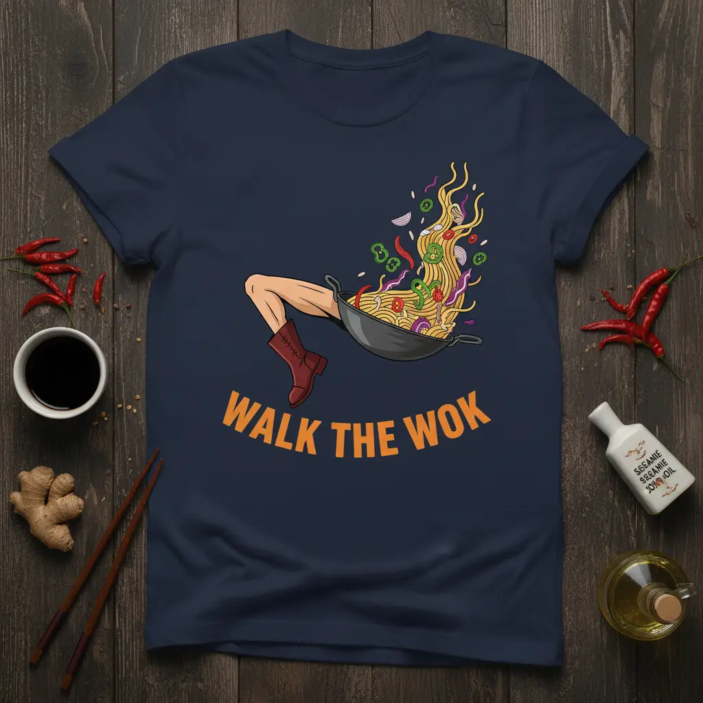 Walk The Wok graphic tee with noodles spilling from a wok, perfect for cooking enthusiasts and food lovers