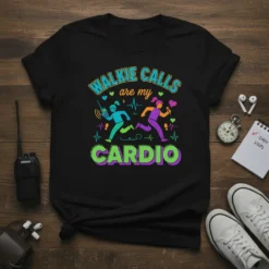 T-shirt design featuring the text "WALKIE CALLS are my CARDIO" with cartoon figures running and holding walkie-talkies and microphones
