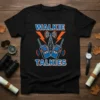 Walkie Talkies t-shirt design featuring blue walkie-talkies, radio tower, and orange lightning bolts with text "WALKIE TALKIES"