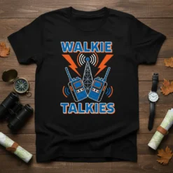 Walkie Talkies t-shirt design featuring blue walkie-talkies, radio tower, and orange lightning bolts with text "WALKIE TALKIES"