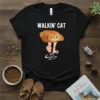Black t-shirt with "WALKIN' CAT" text and a funny graphic of a cat with human legs walking