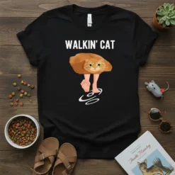 Black t-shirt with "WALKIN' CAT" text and a funny graphic of a cat with human legs walking