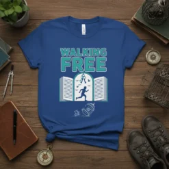 Walking Free quote on a blue t-shirt with an open book, running figure, keys, and birds graphic