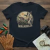WALKING A text with flying mallard ducks graphic, hunting scene on a navy t-shirt