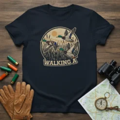 WALKING A text with flying mallard ducks graphic, hunting scene on a navy t-shirt