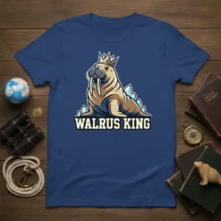 Walrus King graphic t-shirt design featuring a walrus wearing a crown and ice accents