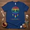 Wampanoag Pride T-Shirt with rainbow tree of life and feathers graphic design