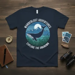 Wanderlust Adventures Explore The Unknown whale graphic t-shirt with mountains and moon