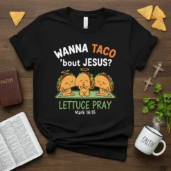 Wanna Taco 'bout Jesus Lettuce Pray detailed graphic design printed on comfortable cotton t-shirt