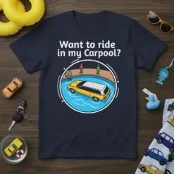 Want to ride in my Carpool? quote on navy t-shirt with a cartoon car in a swimming pool graphic