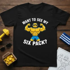Want to see my SIX PACK? funny robot gym t-shirt design with a muscular yellow robot flexing its biceps