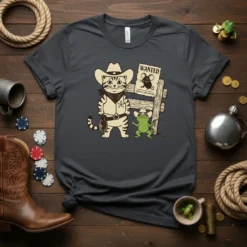 Cowboy cat and frog with a WANTED poster for mouse, text says Wanted Broken Bones And Baddies