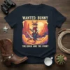 Wanted: Bunny The Quick And The Furry cowboy bunny riding roadrunner t-shirt design in western desert scene