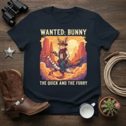 Wanted: Bunny The Quick And The Furry cowboy bunny riding roadrunner t-shirt design in western desert scene