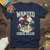 Wanted Cereal Killer cowboy t-shirt design with milk splashing on colorful cereal