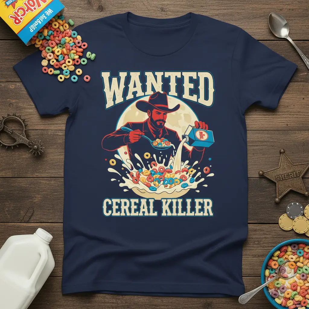Wanted Cereal Killer Cowboy T-Shirt Funny Breakfast Gift
