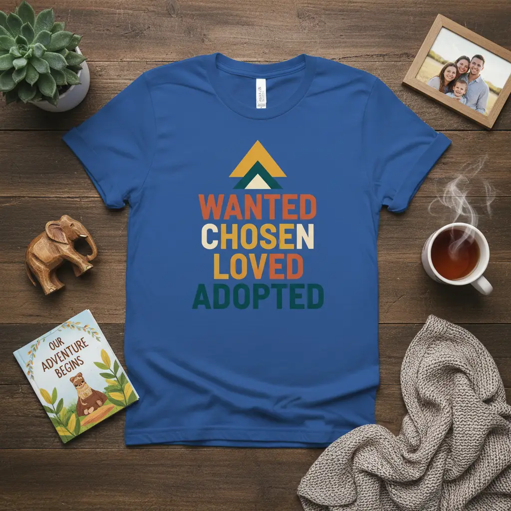Wanted Chosen Loved Adopted family affirmation text design with mountain graphic on royal blue t-shirt
