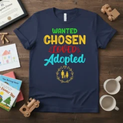 WANTED CHOSEN LOVED Adopted text with a family silhouette graphic on a navy blue t-shirt