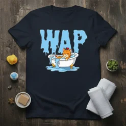 WAP text over a cute orange cat relaxing in a bubble bath on a navy t-shirt design