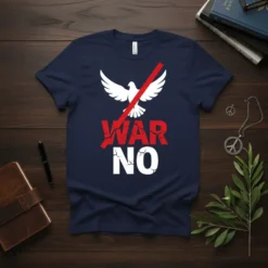 WAR NO text with a red slash over a white dove on a navy blue t-shirt, symbolizing anti-war sentiment