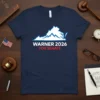 Navy blue t-shirt with white and red text "WARNER 2026 FOR SENATE" and a white mountain graphic representing Virginia