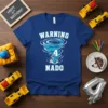 Blue t-shirt with "WARNING 4 NADO" text and a blue tornado graphic for a 4th birthday celebration
