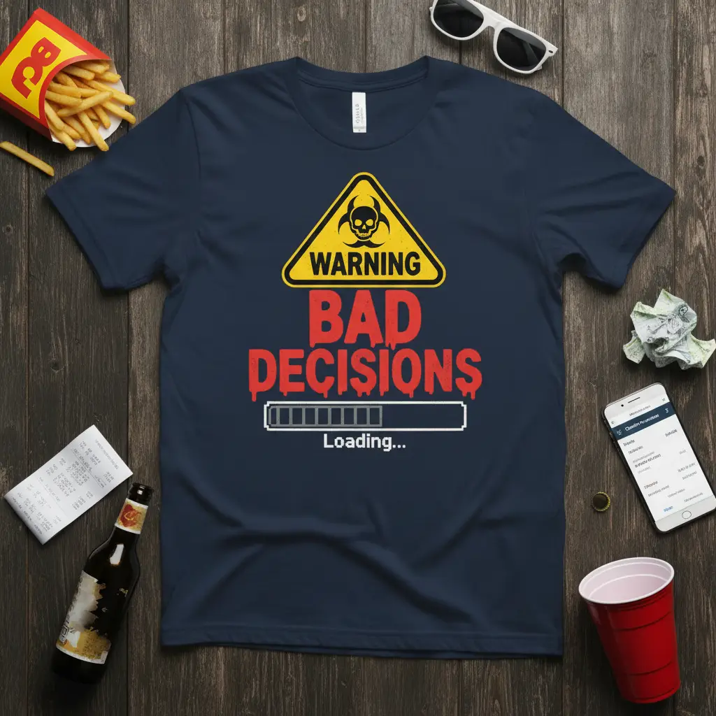 Navy blue t-shirt featuring the WARNING BAD DECISIONS Loading... humorous quote design with warning sign graphic