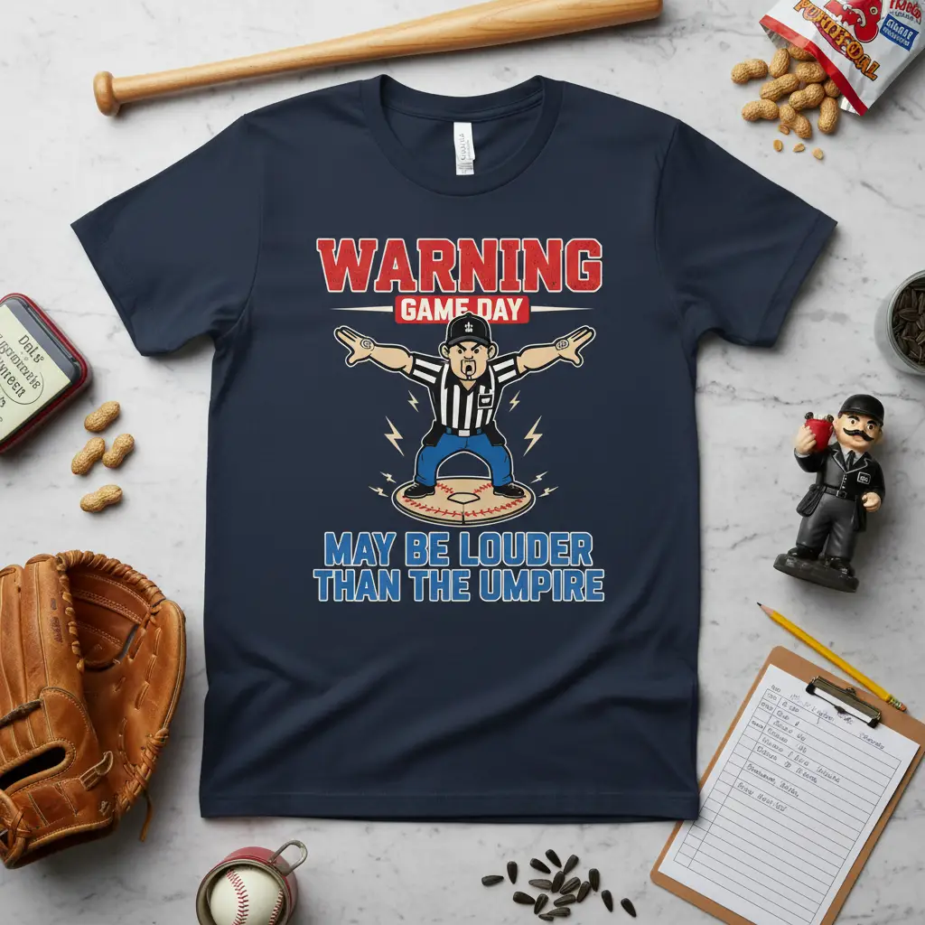 WARNING GAME DAY MAY BE LOUDER THAN THE UMPIRE quote on navy t-shirt with umpire graphic