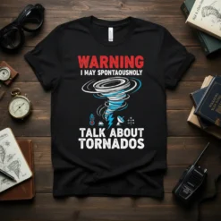 Black t-shirt with "WARNING I MAY SPONTAUSNOLY TALK ABOUT TORNADOS" text and a tornado graphic, thermometer, lightning bolt, and satellite