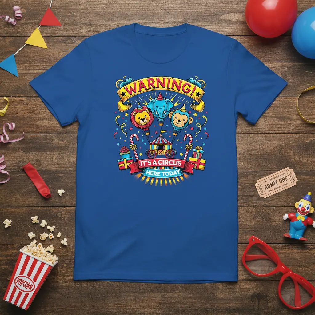 Warning It's A Circus Here Today quote with lion, elephant, and monkey balloons on a carnival-themed shirt