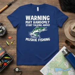 Blue t-shirt with white text "WARNING MAY RANDOMLY START TALKING ABOUT MUSKIE FISHING" and a graphic of a muskie fish