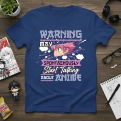 WARNING MAY SPONTANEOUSLY START TALKING ABOUT ANIME text design with an anime character's face and pink accents on a navy