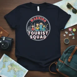 WARNING TOURIST SQUAD t-shirt with cartoon travelers and landmarks like the Eiffel Tower and Coliseum