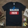 Navy blue t-shirt with "WARREN 2020" in white and red, featuring a graphic of a hand holding a torch, symbolizing