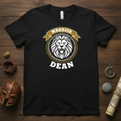Warrior Dean T-Shirt with a fierce lion graphic and gold banner, bold white text "DEAN" below