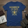 Warrior Of God t-shirt with distressed yellow text and a Spartan helmet emblem surrounded by crossed swords and a subtle